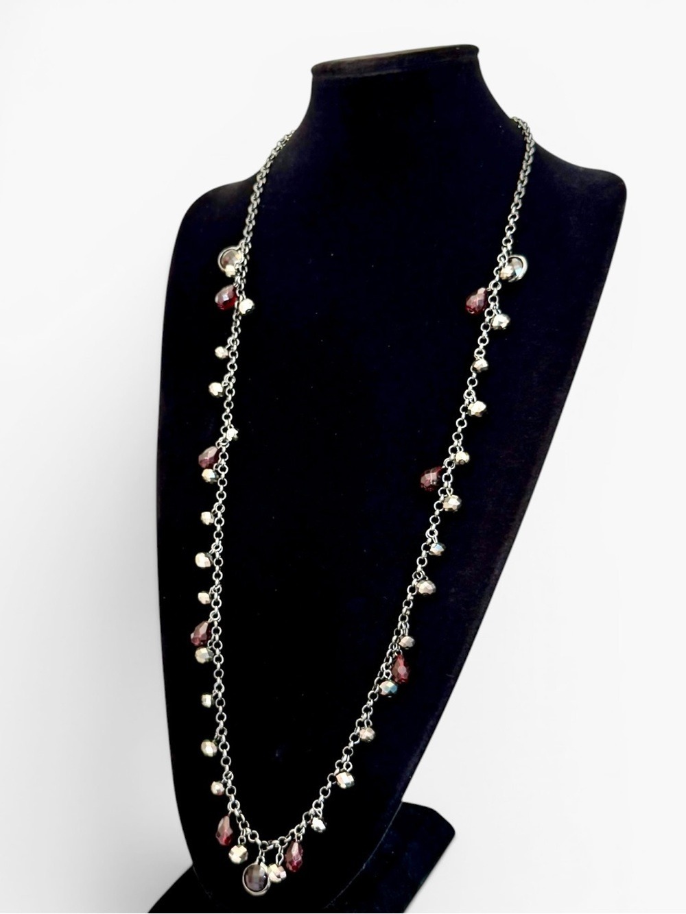 WHITE HOUSE BLACK MARKET NWT Long Iridescent Silver & Red Crystal Charm Necklace - Picture 8 of 9